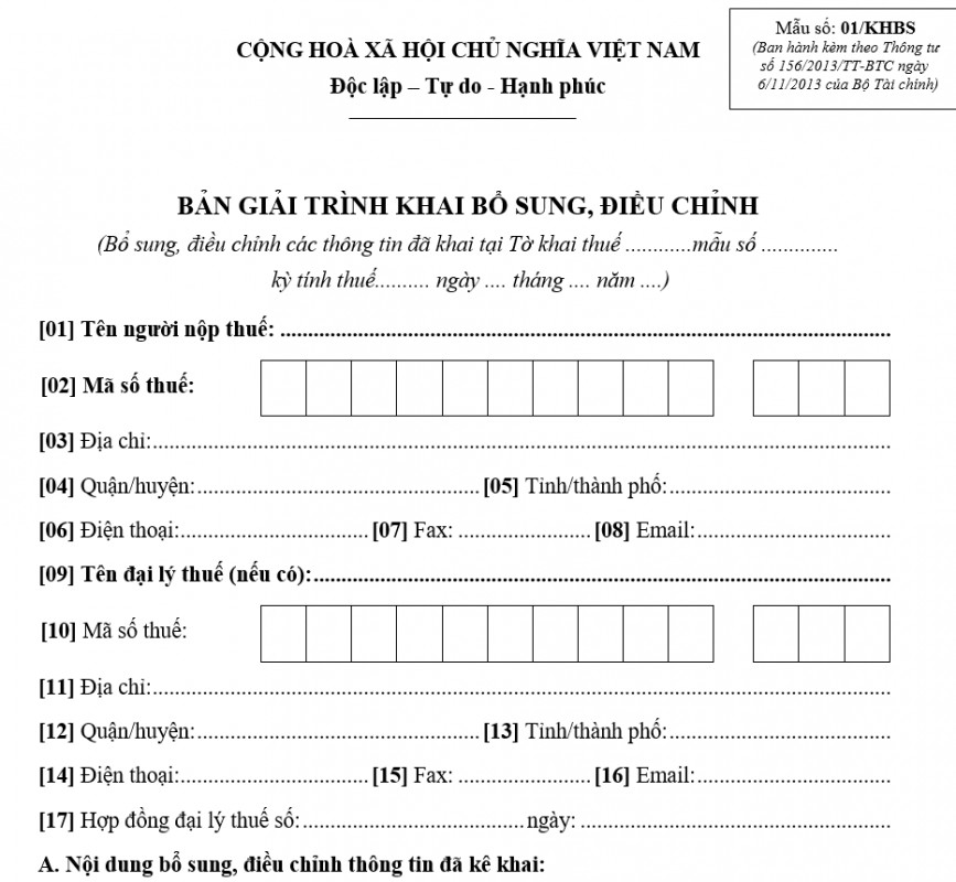 Bản giải trình khai bổ sung điều chỉnh mẫu số 01/KHBS