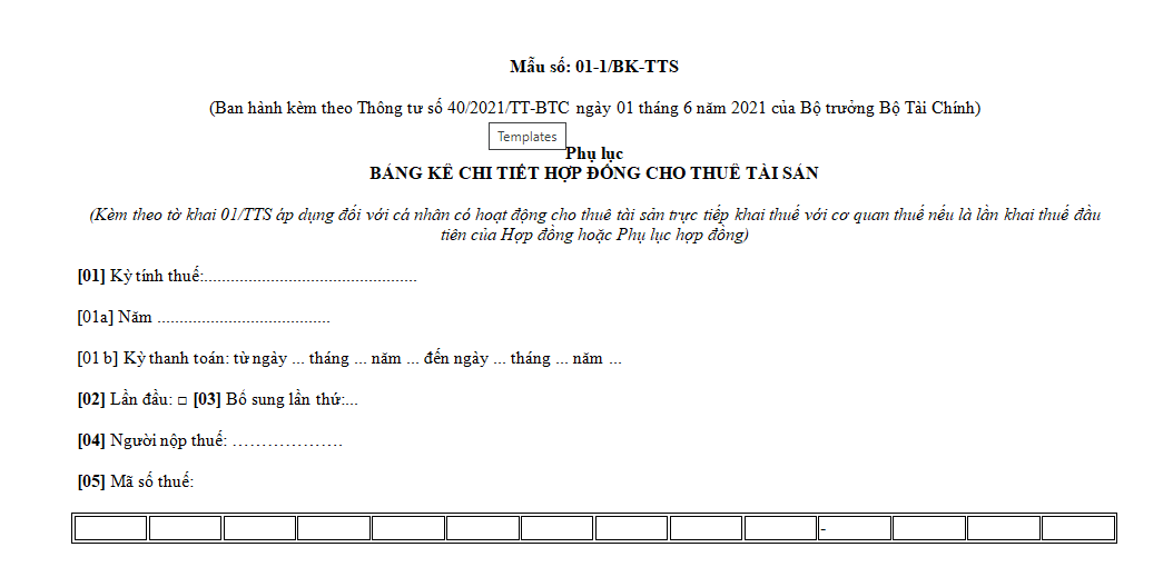 Phục lục bảng kê chi tiết hợp đồng cho thuê tài sản