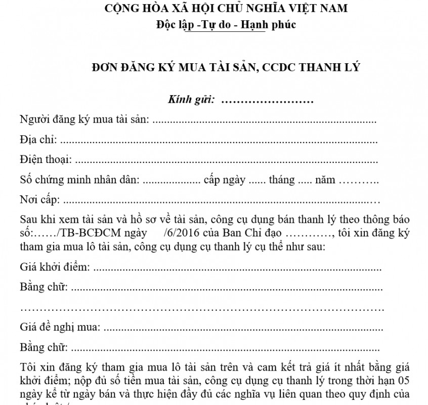 Đơn đăng ký mua tài sản, công cụ dụng cụ thanh lý