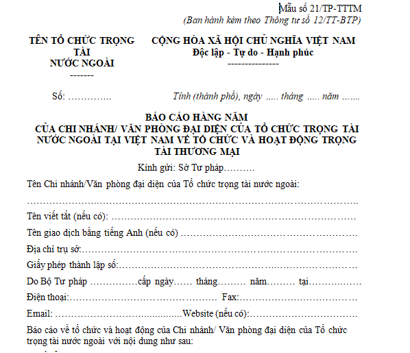 Báo cáo hàng năm của chi nhánh tổ chức trọng tài nước ngoài