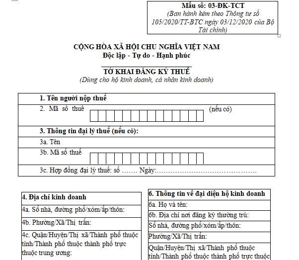 Mẫu 03-ĐK-TCT: Tờ khai đăng ký thuế dùng cho hộ kinh doanh, cá nhân kinh doanh