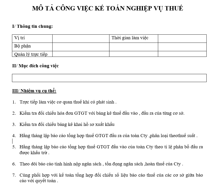 Bảng mô tả công việc của kế toán nghiệp vụ thuế