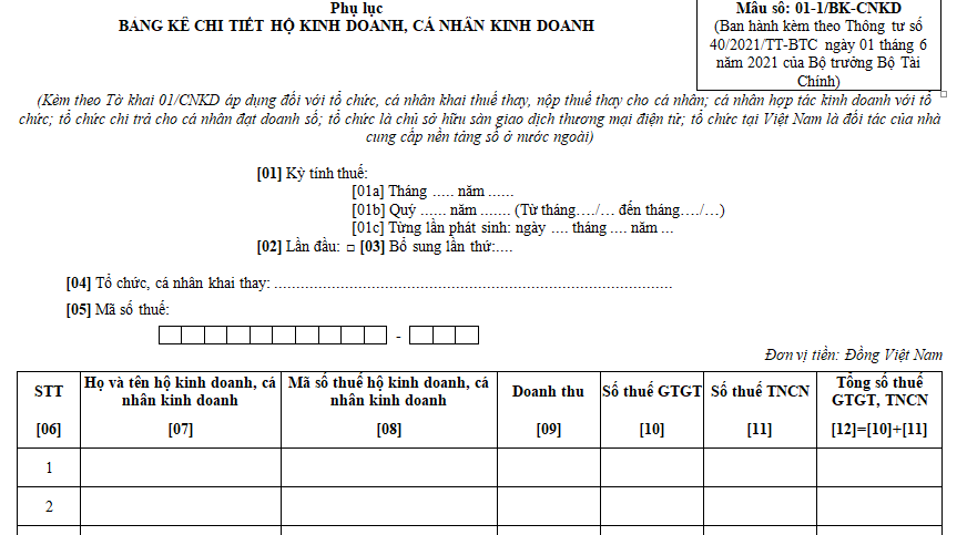 Bảng kê chi tiết cá nhân kinh doanh