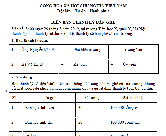 Mẫu biên bản thanh lý bàn ghế