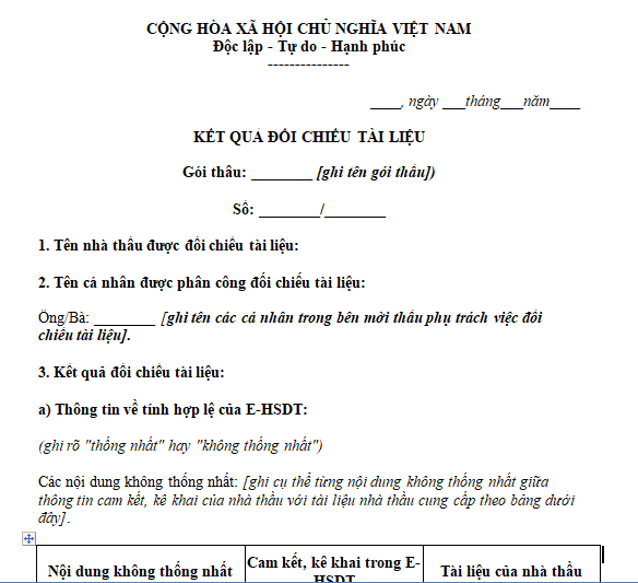Mẫu kết quả đối chiếu tài liệu gói thầu