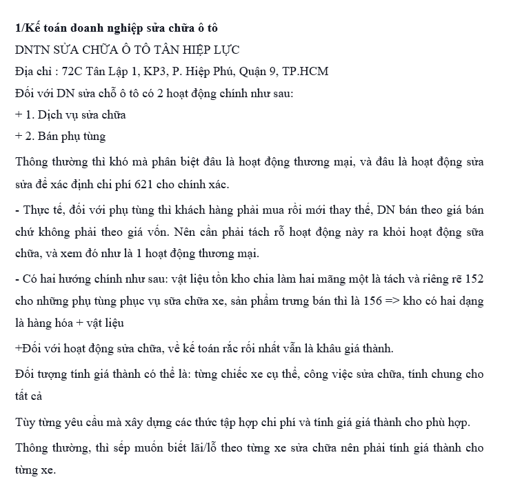 Phân tích đặc thù kế toán trong loại hình doanh nghiệp sửa chữa ô tô