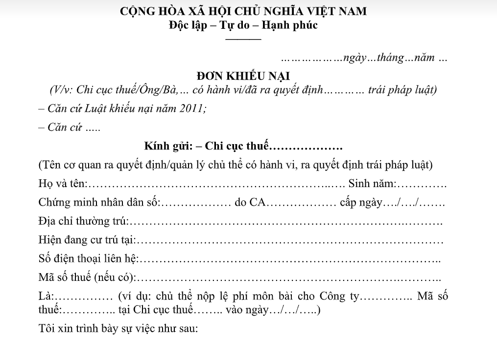 Mẫu đơn khiếu nại chi cục thuế