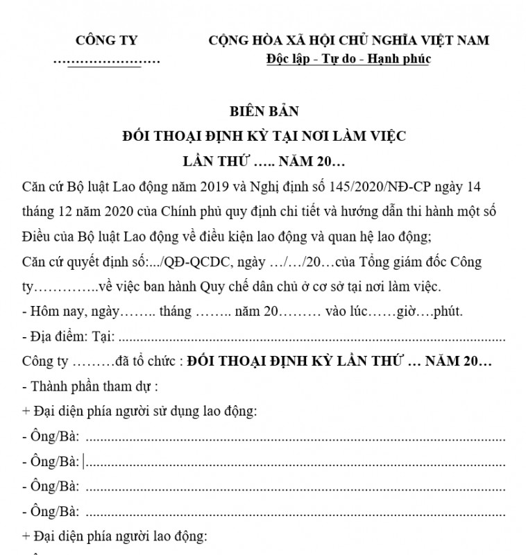 Mẫu biên bản đối thoại định kỳ tại nơi làm việc năm 2021