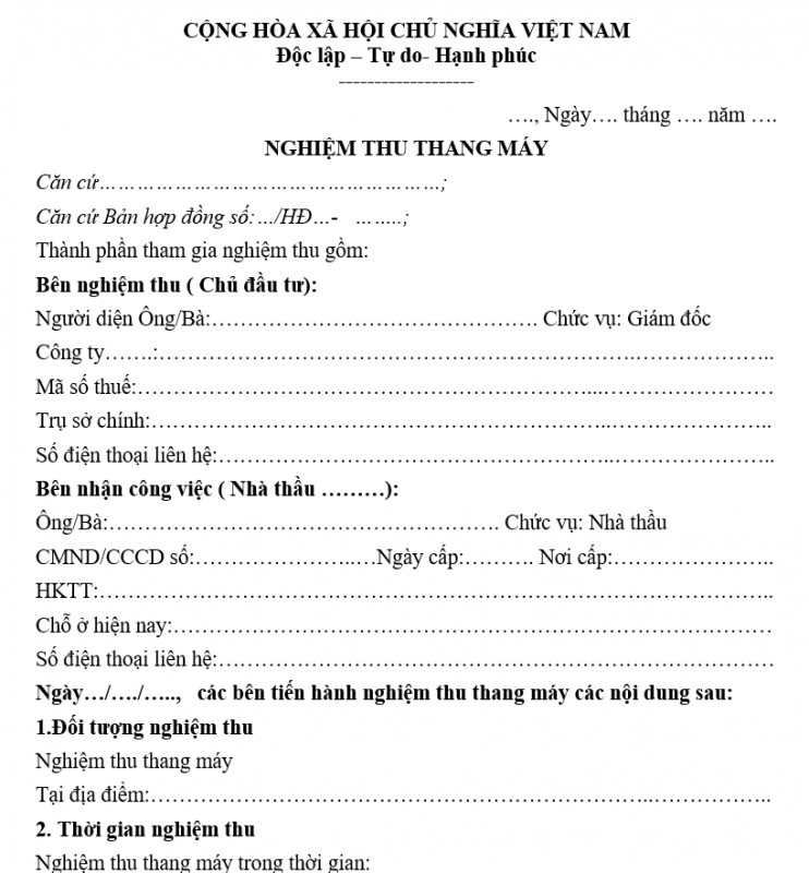 Mẫu biên bản nghiệm thu thang máy