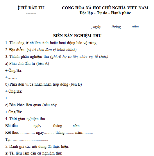 Mẫu biên bản nghiệm thu công trình lâm sinh