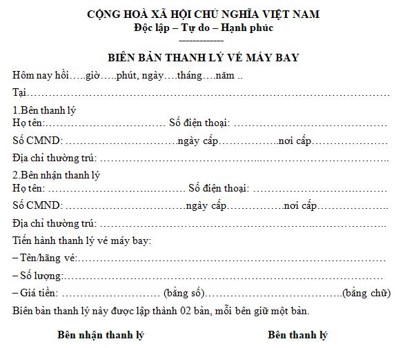 Mẫu biên bản thanh lý vé máy bay