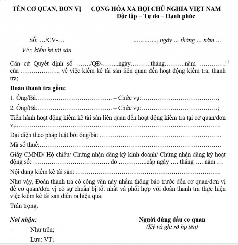 Mẫu công văn kiểm kê tài sản