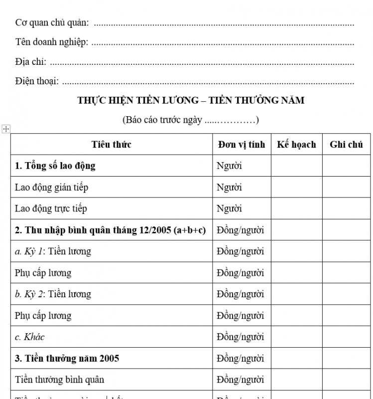 Mẫu kế hoạch tiền lương, tiền thưởng