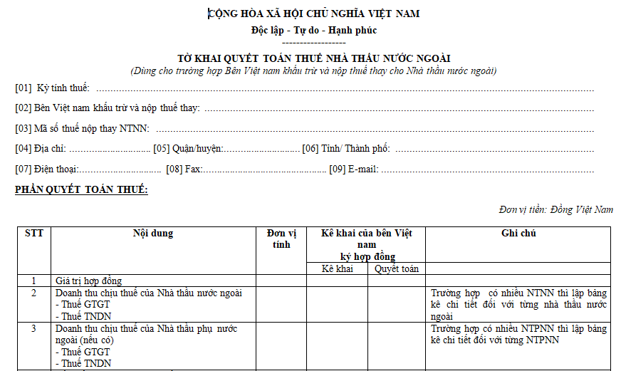 Mẫu tờ khai quyết toán thuế nhà thầu nước ngoài