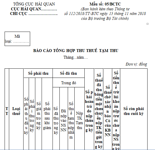 Mẫu số 05/BCTC: Báo cáo tổng hợp thu thuế tạm thu