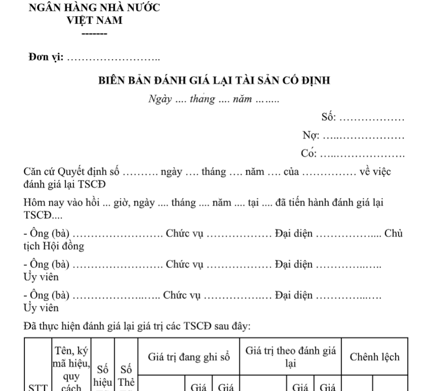 Mẫu biên bản đánh giá lại tài sản cố định