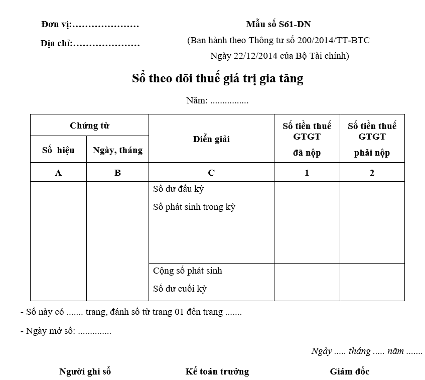 Mẫu số S61-DN: Sổ theo dõi thuế giá trị gia tăng