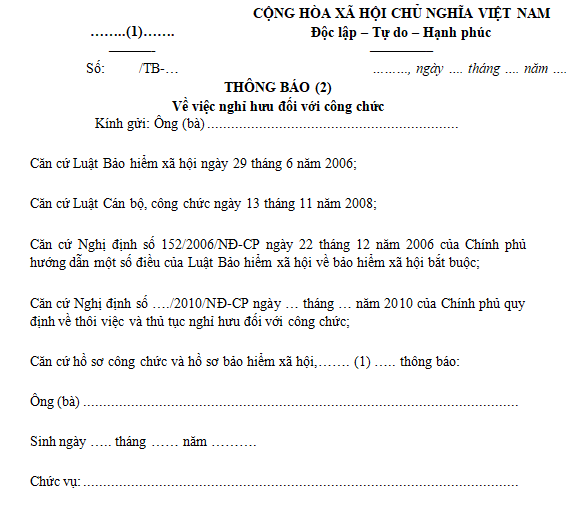 Mẫu thông báo nghỉ hưu