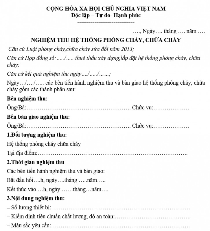 Mẫu biên bản nghiệm thu hệ thống phòng cháy chữa cháy
