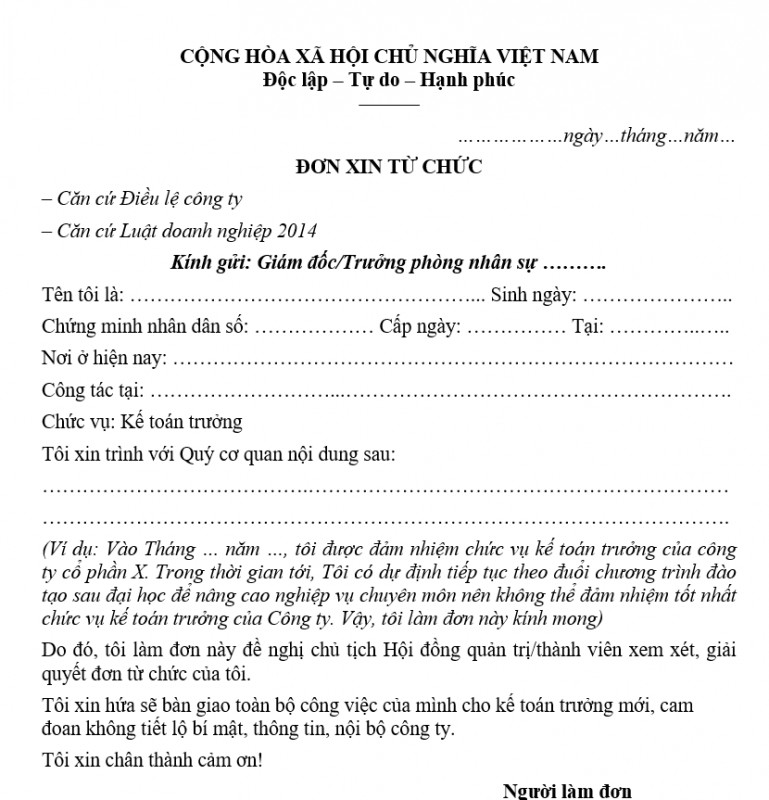 Mẫu đơn xin từ chức kế toán trưởng