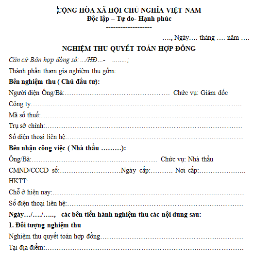 Mẫu biên bản nghiệm thu quyết toán hợp đồng