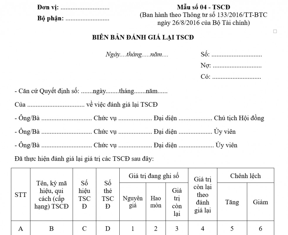 Biên bản đánh giá lại tài sản cố định