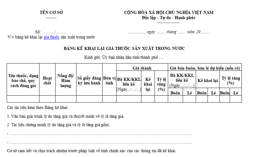 Mẫu bảng kê khai lại giá thuốc sản xuất trong nước