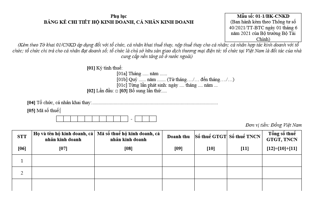 Mẫu 01-1/BK-CNKD: Bảng kê chi tiết cá nhân kinh doanh