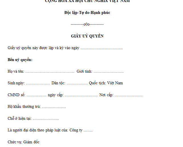 Mẫu giấy ủy quyền (làm việc với cơ quan thuế, cơ quan nhà nước khác)