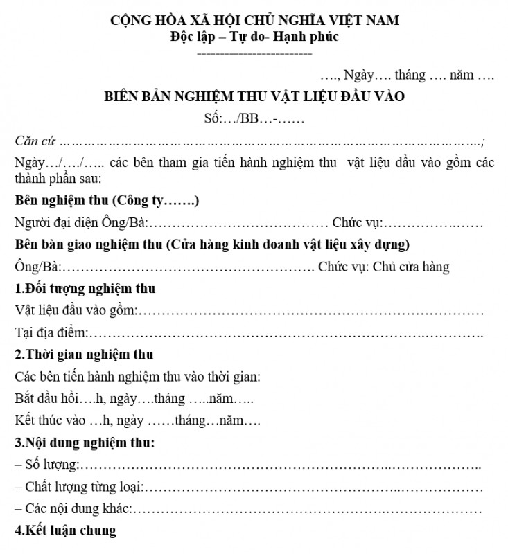 Mẫu biên bản nghiệm thu vật liệu đầu vào