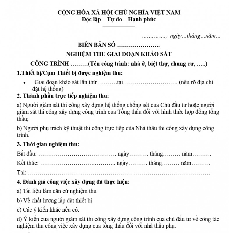 Mẫu biên bản nghiệm thu giai đoạn khảo sát