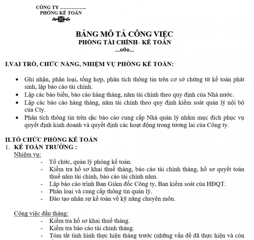 Bảng phân công nghiệp vụ