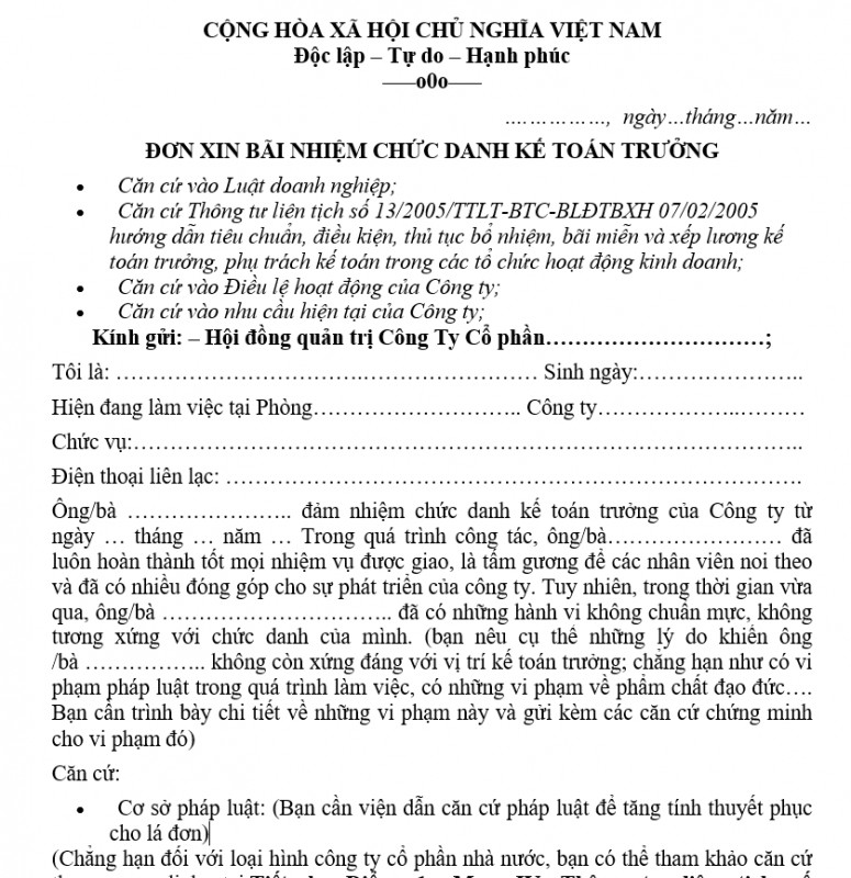 Mẫu đơn bãi nhiệm kế toán trưởng