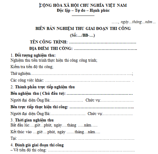Mẫu biên bản nghiệm thu giai đoạn thi công