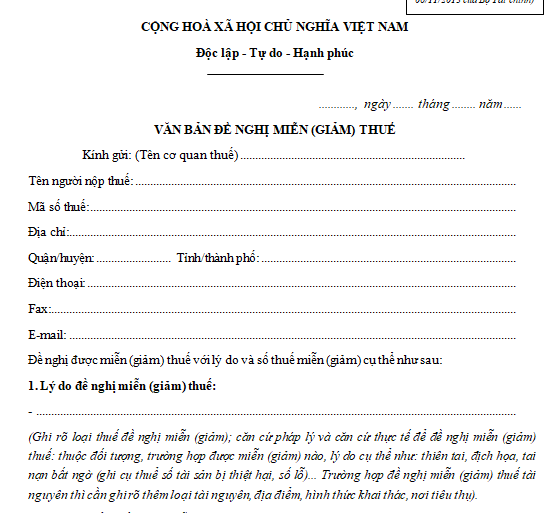 Mẫu văn bản đề nghị miễn giảm thuế số 01/MGTH