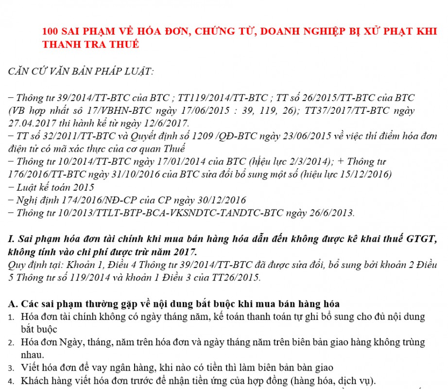 100 sai phạm về hóa đơn