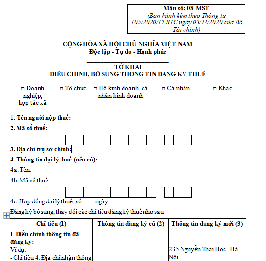 Mẫu 08-MST: Tờ khai điều chỉnh bổ sung thông tin đăng ký thuế