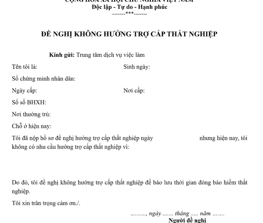 Mẫu đề nghị không hưởng trợ cấp thất nghiệp