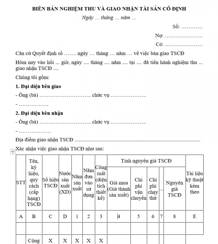 Mẫu biên bản nghiệm thu và giao nhận tài sản cố định
