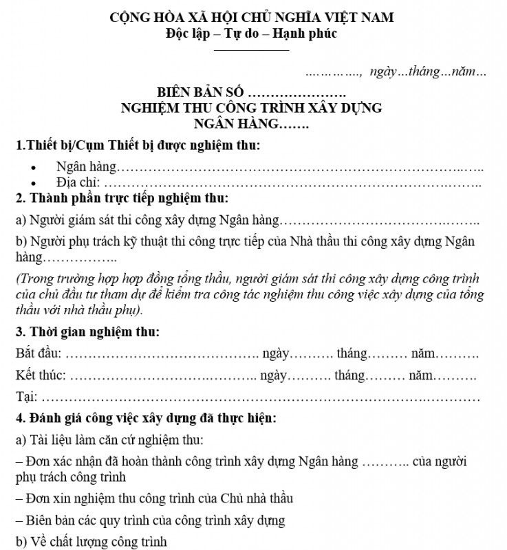 Mẫu biên bản nghiệm thu ngân hàng