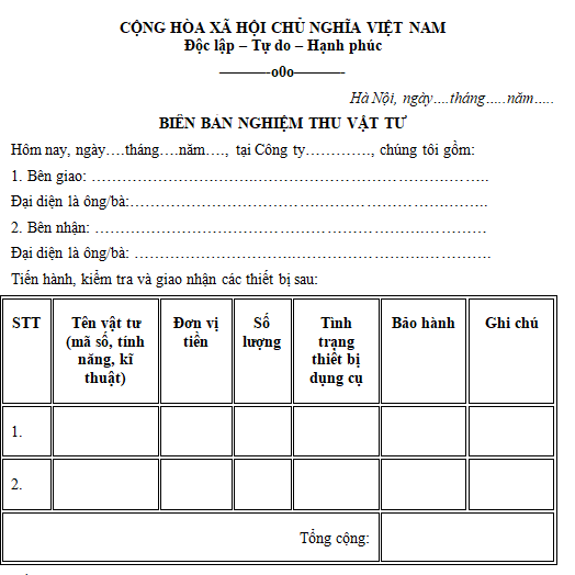 Mẫu biên bản nghiệm thu vật tư