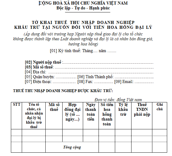 Tờ khai thuế TNDN từ đại lý hoa hồng