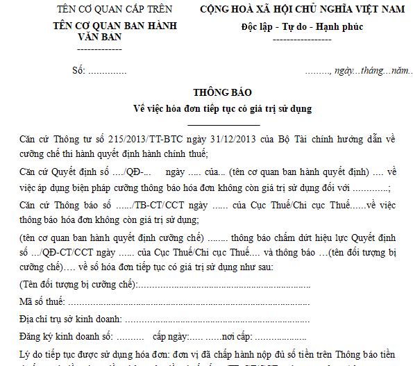 Mẫu thông báo về việc hóa đơn tiếp tục có giá trị sử dụng