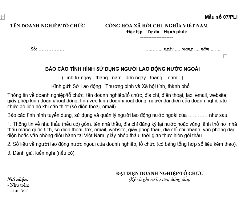 Mẫu 07/PLI: Báo cáo tình hình người lao động nước ngoài