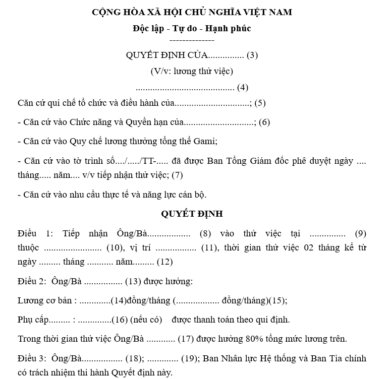 Mẫu quyết định lương thử việc