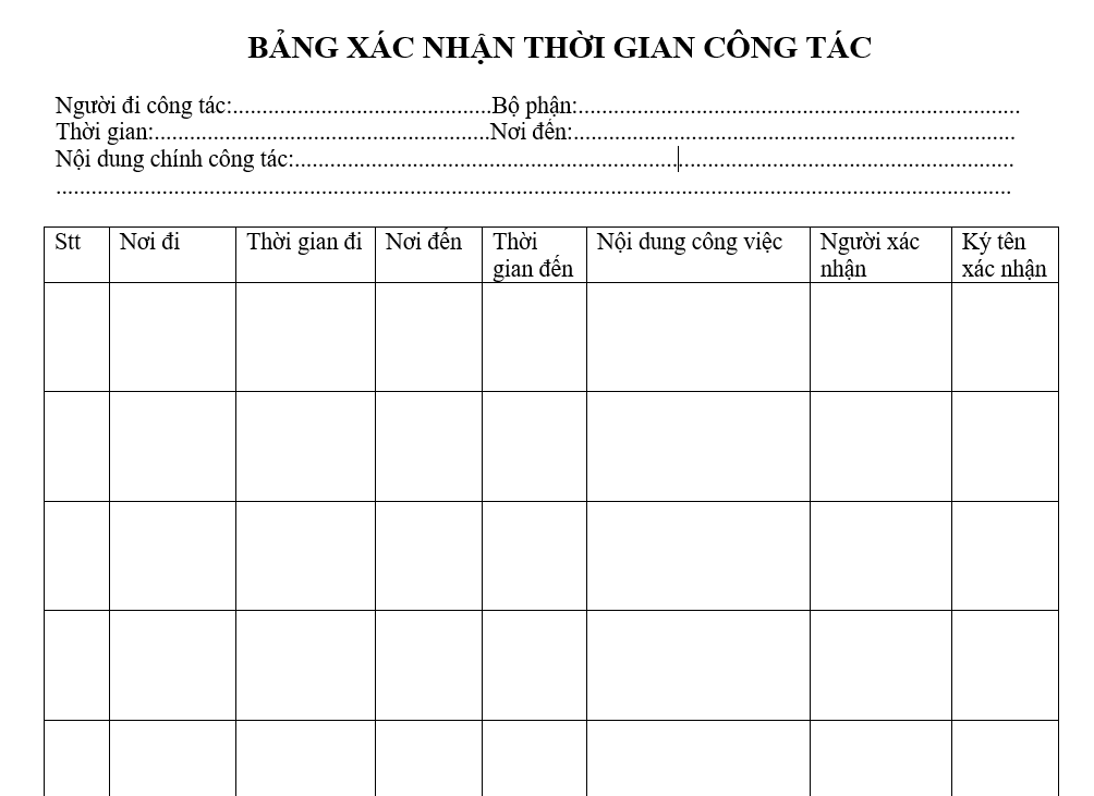 Quy định chế độ công tác phí - Bảng xác nhận thời gian công tác
