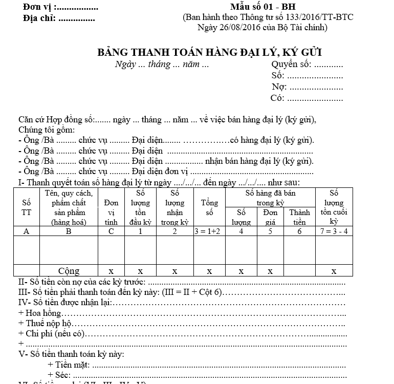 Mẫu Bảng thanh toán hàng đại lý, ký gửi và cách lập theo Thông tư 133