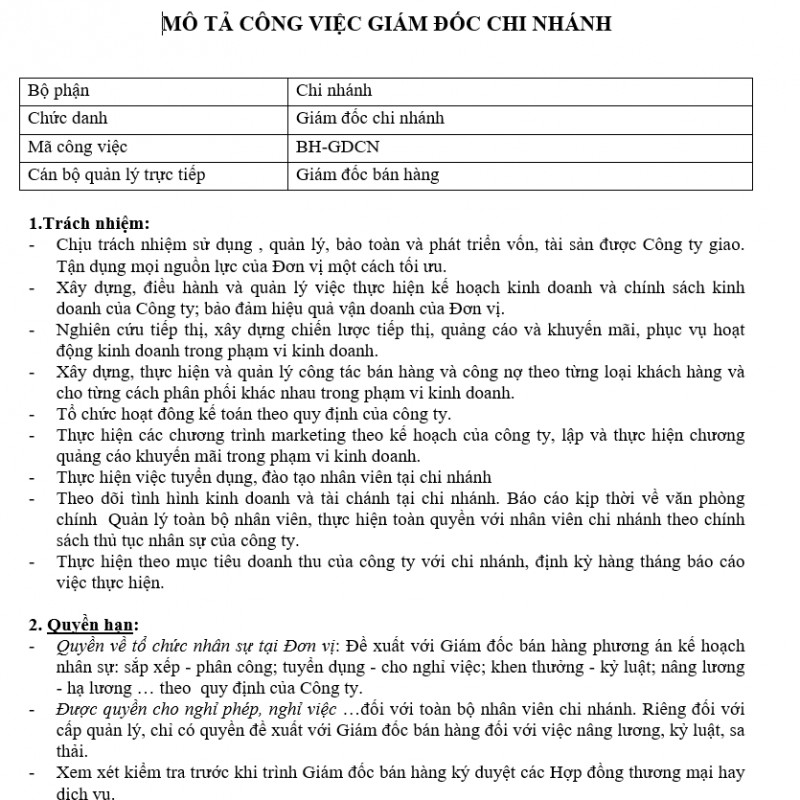 Quy trình bán hàng - Mô tả công việc giám đôc chi nhánh