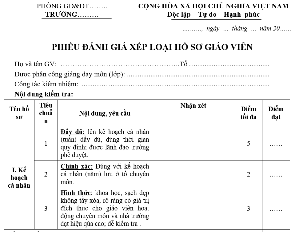 Phiếu đánh giá xếp loại hồ sơ giáo viên