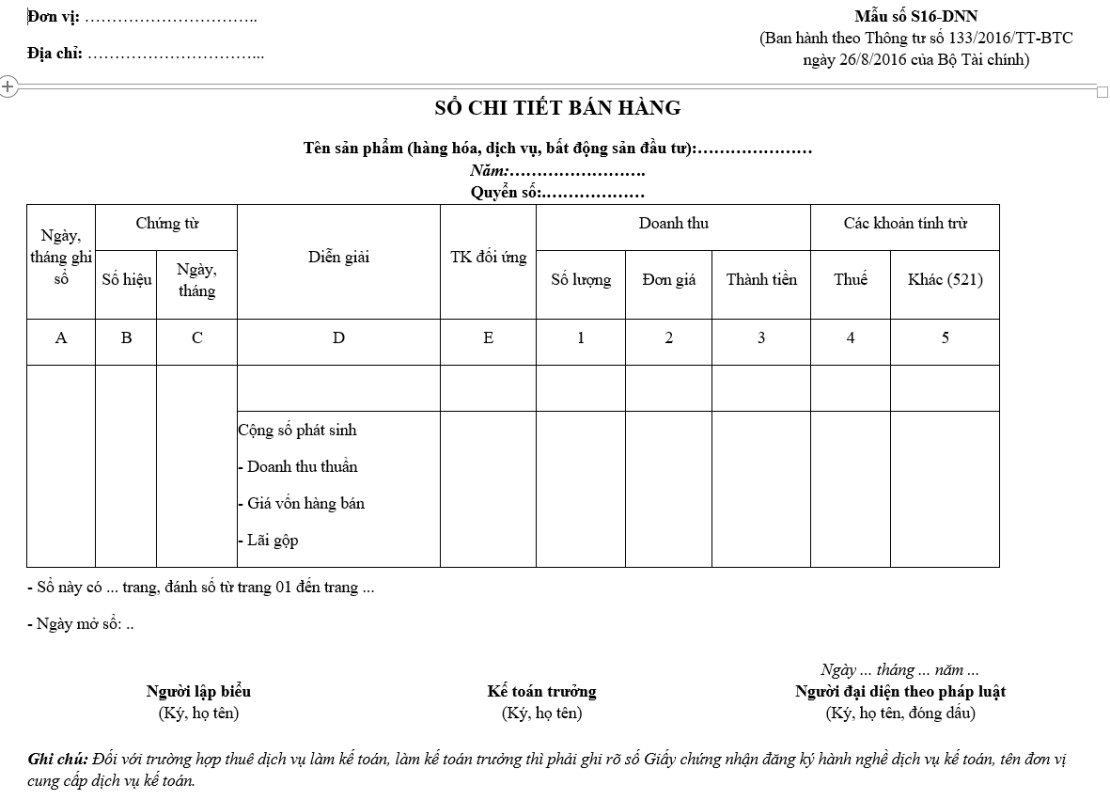 Mẫu sổ chi tiết bán hàng ( tất cả vật tư ) theo TT133